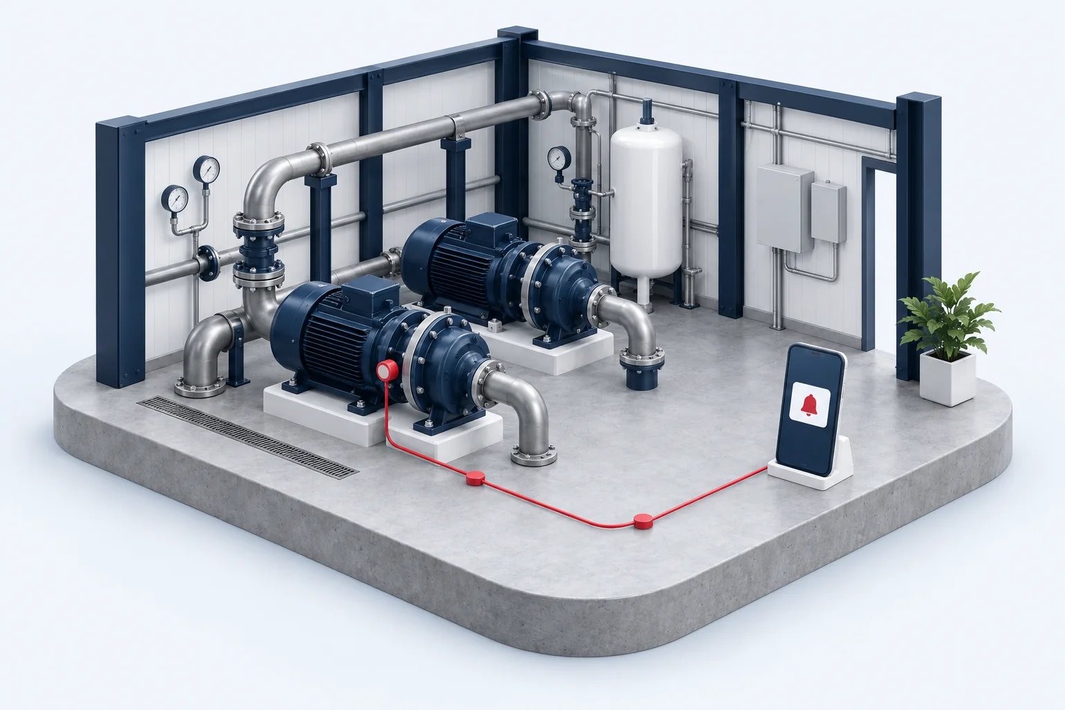 Miniature industrial pump equipment with a sensor connected by a red signal path to a notification display.