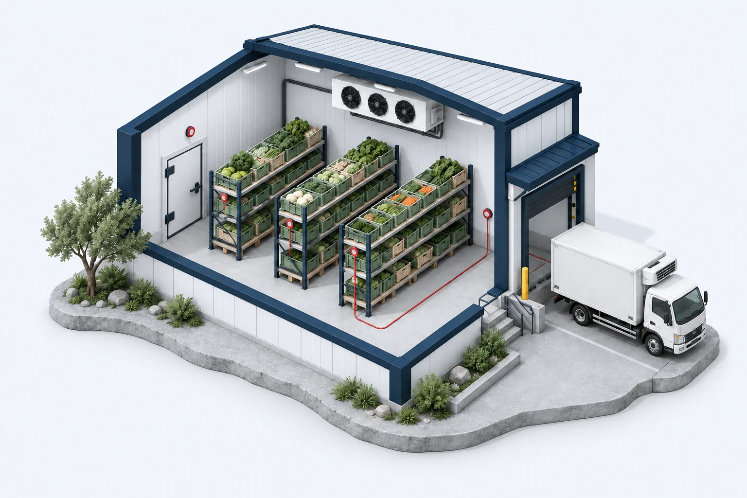 Cutaway of a refrigerated produce warehouse with cooling fans, sensor markers, and a delivery truck.