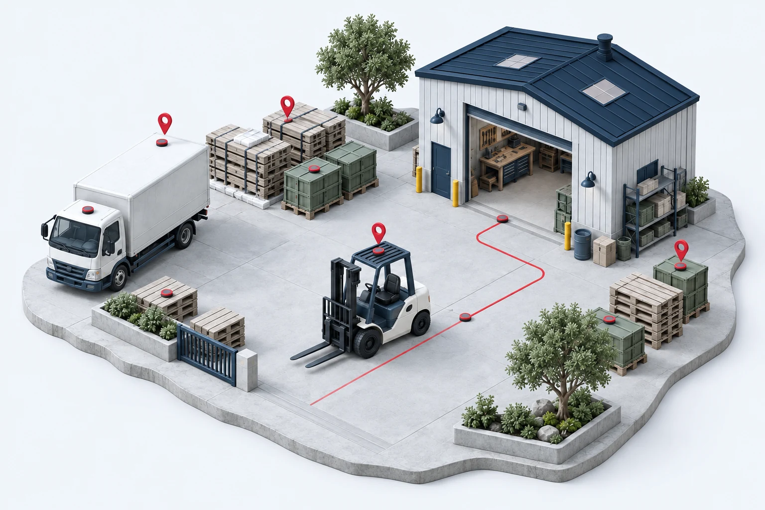 Miniature loading yard with a forklift, truck, pallets, crates, and red location markers.